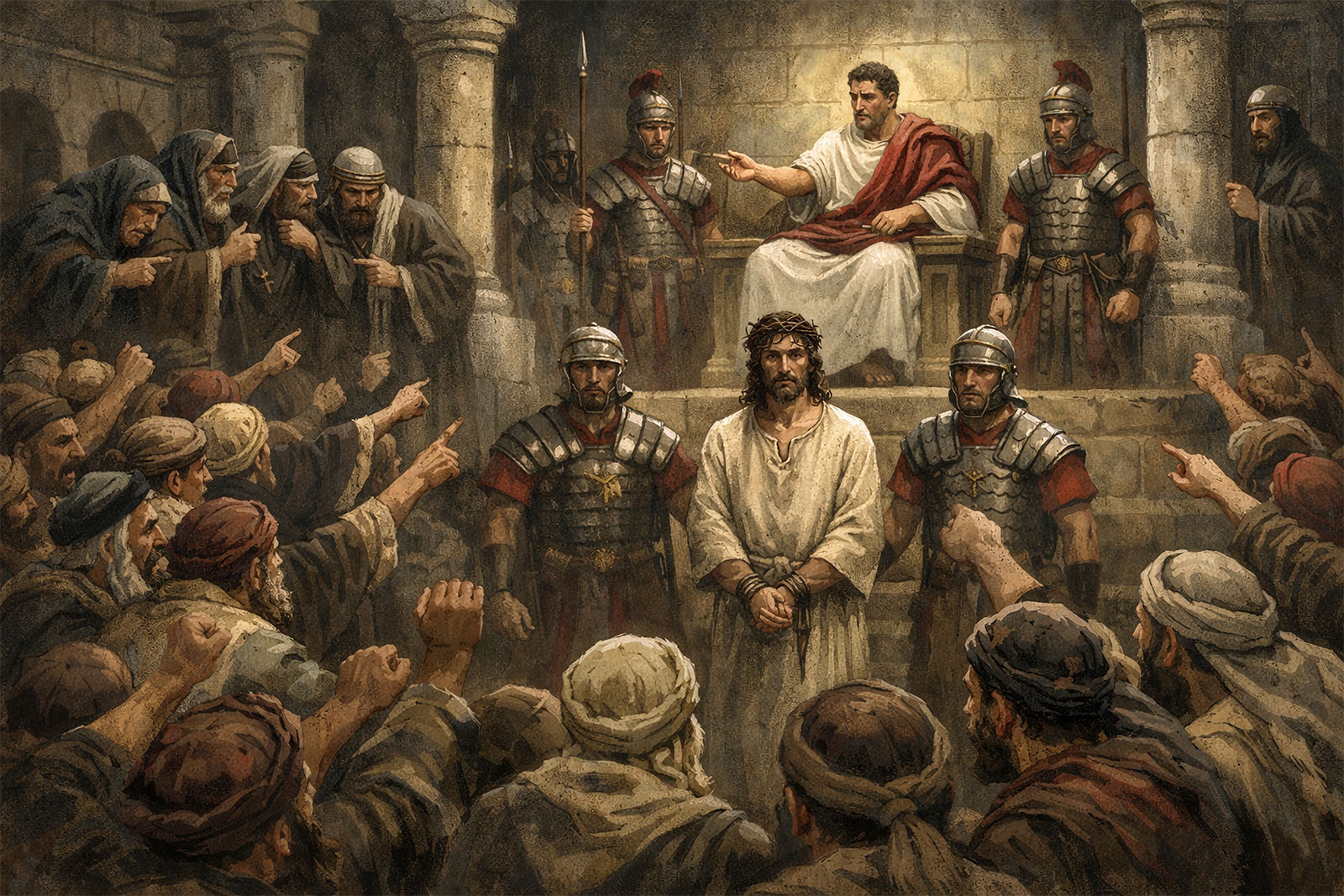 The crowd assembled before Pilate in the judgment hall, calling for crucifixion.
